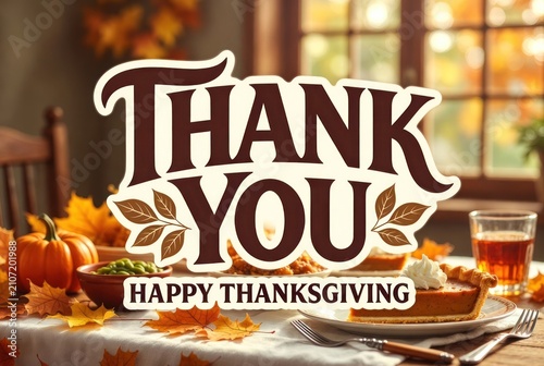 Festive Thanksgiving Table with Pumpkin Pie, Autumn Leaves, and Warm Decor Celebrating Gratitude and Togetherness with Seasonal Elements