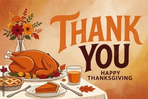 Thanksgiving Celebration with Turkey Dinner, Pie, and Fall Decorations in Warm Autumn Colors