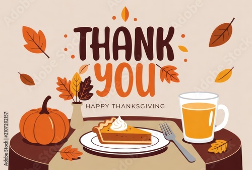 Festive Autumn Table Setting with Pumpkin, Pie, Tea, and Thank You Message for Thanksgiving Celebration