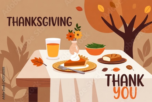 Thanksgiving Dinner Setting with Pie, Drink, Green Beans, Flowers, Leaves, and Decorative Elements for Holiday Celebrations