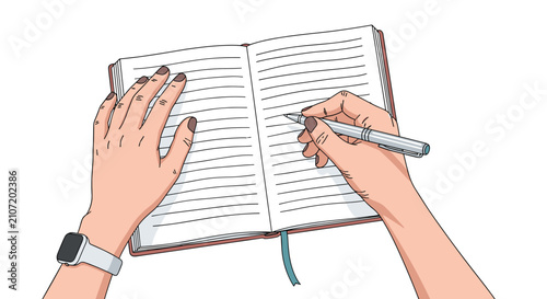 Overhead close-up view of a person writing down plans with a silver pen in an open lined notebook on white background.