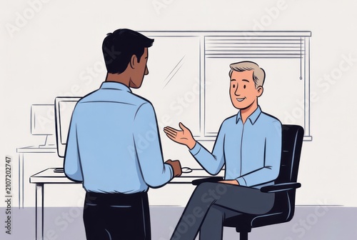 Business Meeting Between Two Professionals in Modern Office Setting with Light Color Scheme and Relaxed Interaction