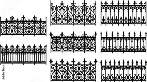 Fotografie Black and white ornate wrought iron fences and decorative metal railing panels v