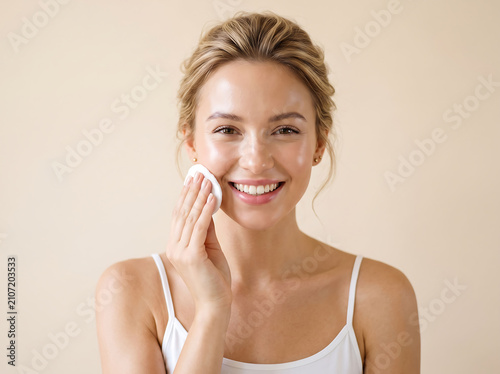 Young woman cleaning face with cotton pad. Female model doing daily skincare routine.