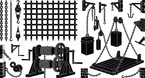 Foto Black and white vector collection of medieval castle portcullises, mechanical wi
