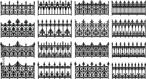Obraz na płótnie Black and white ornate wrought iron fences and decorative railing panels vector