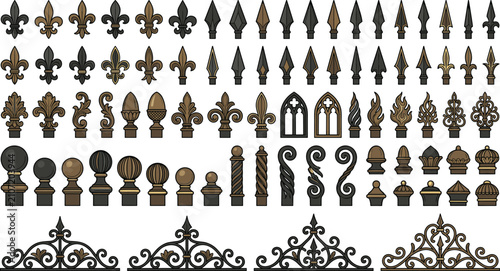 Foto Comprehensive collection of ornate wrought iron fence finials, post caps, spears