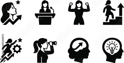 Foto Flat female leadership and business growth silhouette icons set featuring women