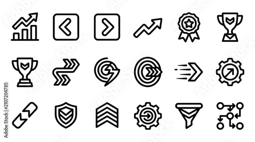 Business growth success and strategic progress linear icons with business strategy progress achievement improvement