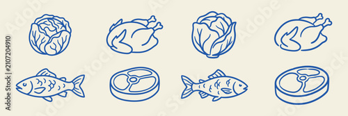 Quadro su tela Hand drawn fresh food grocery doodle set