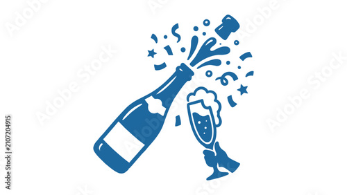 Blue vector icon of a popping champagne bottle with splashing liquid, flying cork, confetti, and a hand holding a glass flute for celebration