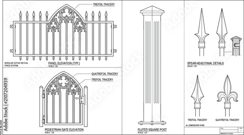 Bild auf Leinwand Modular Gothic Revival fence system and architectural metalwork technical drawin