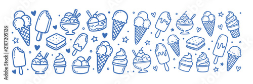 Hand drawn ice cream and summer dessert doodle set. Sketch sweet popsicle, waffle cone and sundae bowl outline vector illustration.
