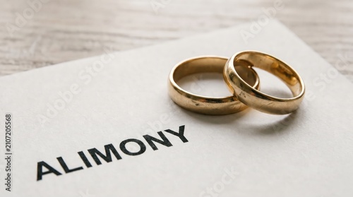 Two gold wedding bands resting upon a document labeled with the word alimony legal concept with alimony printed black wedding rings placed placed side side