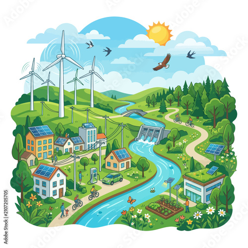 Green energy sustainable city illustration. Eco friendly town with renewable power sources.