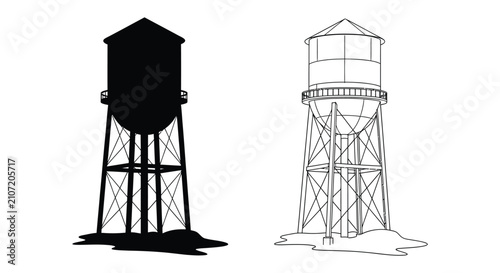 Water Tower Silhouette And Line Art On White Background