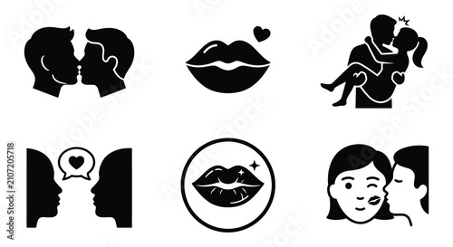 Fotografie Kissing silhouettes collection black vector graphics on white background