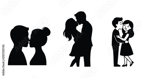 Foto Kissing silhouettes collection black vector graphics on white background