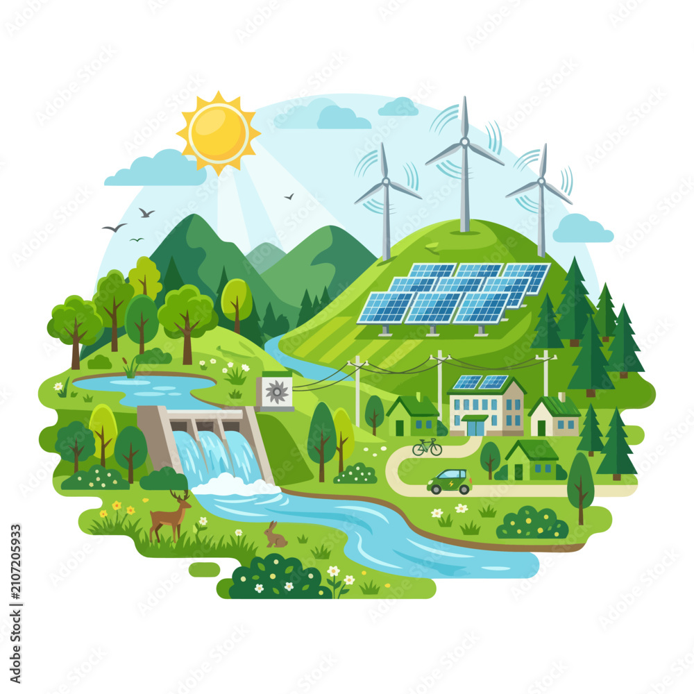 Fototapeta premium Renewable energy landscape illustration. Sustainable green power with solar and wind farm.