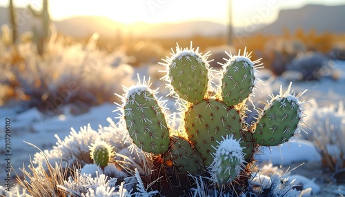 Desert scene bathed in warm sunlight, a prickly pear cactus in focus with frost-kissed needles and surrounding vegetation