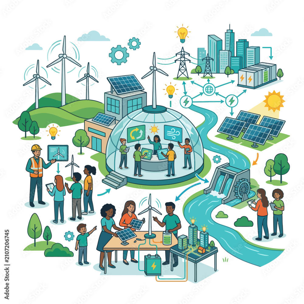 Naklejka premium Renewable energy education and green technology. Sustainable power systems and eco learning.
