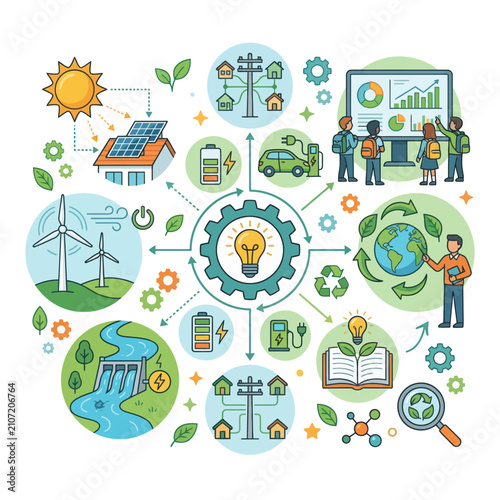 Renewable energy education infographic. Sustainable power icons and green technology diagram.