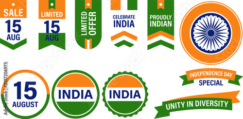 Set of India Independence Day sale badges, stickers, and promotional labels in national flag colors.
