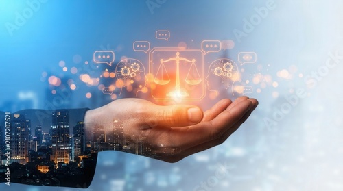 The future of the legal justice system featuring AI for analysis and legal debate.