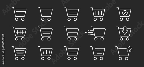 Konstfotografi Shopping cart icon set in outline style with editable stroke for ecommerce check