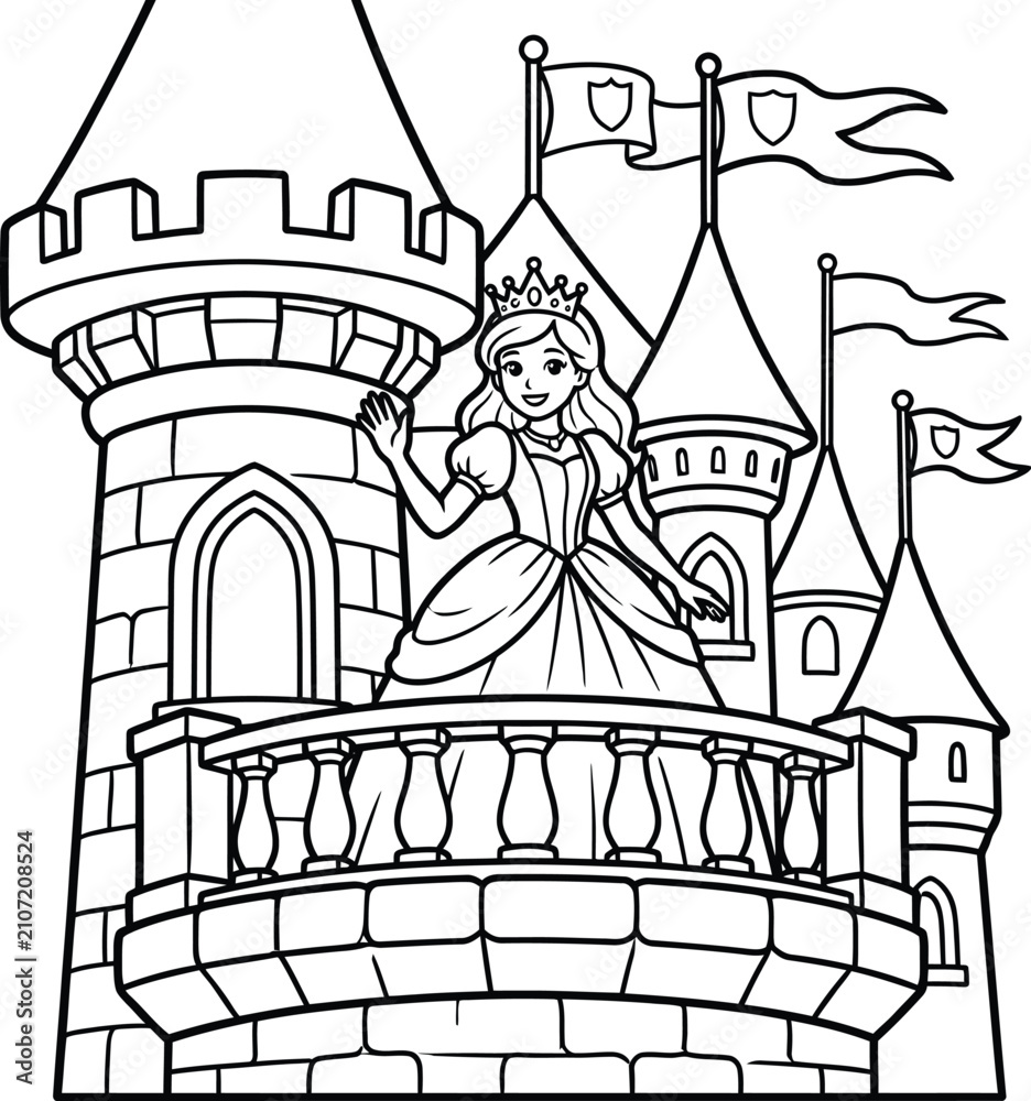 Fototapeta premium Princess waving from castle balcony black and white line art illustration