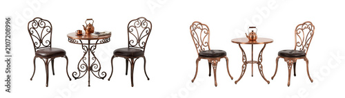 Two sets of vintage copper bistro tables and chairs isolated on transparent background
