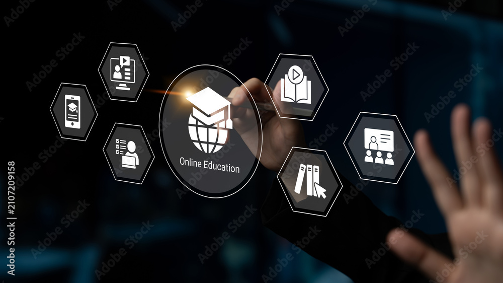 Fototapeta premium Engaging digital interface illustrating the online education concept with technology icons, representing modern learning solutions and innovative skill development strategies. Cyphers