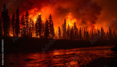This image depicts a severe, uncontrolled wildfire blazing rapidly through a dense forest with flames jumping to the canopy