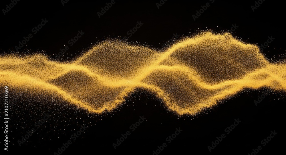 Fototapeta premium Horizontal abstract wave of golden sand particles and sparkling glitter grains flowing across a black background with high contrast and detailed particle simulation.