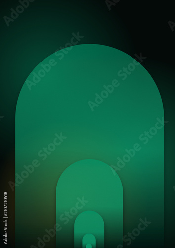 Minimalist emerald green arch background, abstract geometric portal with layered curved shapes, modern architectural aesthetic for luxury branding