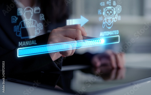Obraz na plátne Business Professional Engaging with Digital Interface Showing Automation Progress and Manual Process Transition in Modern Office Environment
