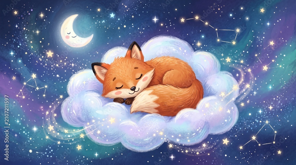 Fototapeta premium Cute red fox sleeping peacefully on a fluffy cloud in a starry night sky with sleeping
