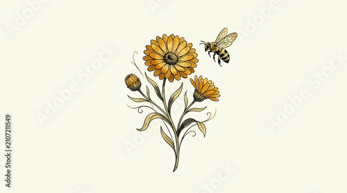Foto Watercolor Bee Flying Near Yellow Calendula Flowers and Buds on White Background