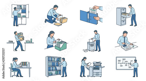 Office Organization: People Sorting, Filing, Shredding, and Archiving Documents