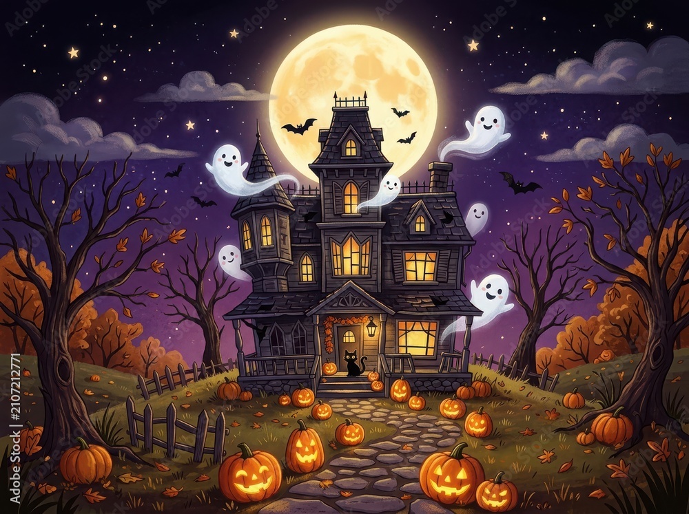 Fototapeta premium Spooky haunted house with glowing pumpkins and ghosts under a full moon in the night sky for a halloween celebration scene