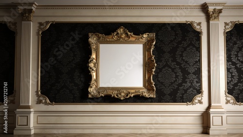 Luxurious antique gold baroque picture frame mockup with intricate ornate carvings, centered on elegant black damask wallpaper. Blank white canvas insert for artwork display, vintage Victorian aesthet