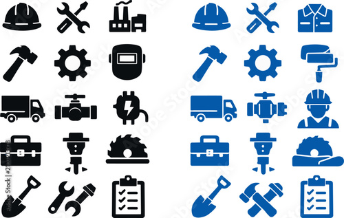 Industrial Construction Icon Set Solid Black and Blue Vector Symbols