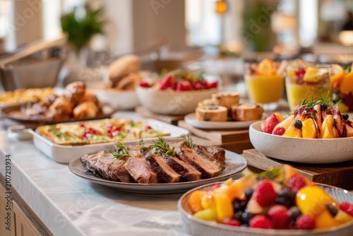 Buffet table with sliced roast beef and fresh fruit