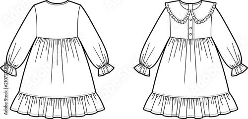 Fotografie Girls long sleeve dress vector technical flat sketch with peter pan collar ruffl