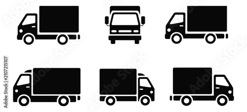 Quadro su tela Delivery truck icon set, shipping truck silhouettes in side and front views, logistics transport, moving service and commercial freight vector illustration set