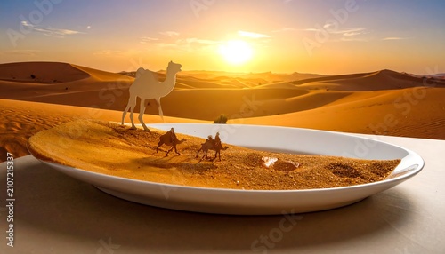 Desert scene with a stylized plate holding sand and small camel cutouts, set against a sunset backdrop