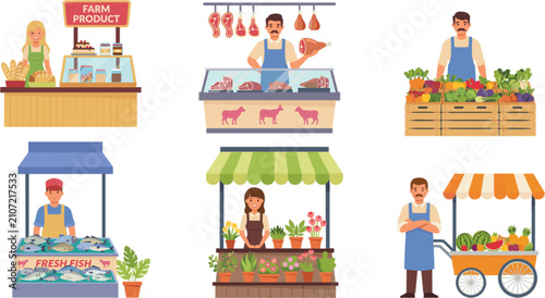 Bild auf Leinwand Local market vendor collection with farm products, butcher, florist, fishmonger