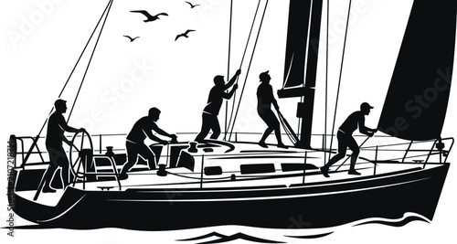 Obraz na płótnie Silhouette illustration of sailors working together on a sailboat representing t