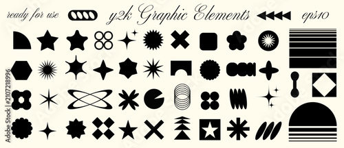 Minimalist geometric collection featuring bold symbols, stars, and organic silhouettes. Y2K brutalist aesthetic with contemporary branding and decoration concept