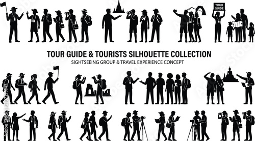 Tour guide silhouettes leading groups of tourists walking, pointing, carrying luggage, taking photos, and interacting representing travel exploration experiences